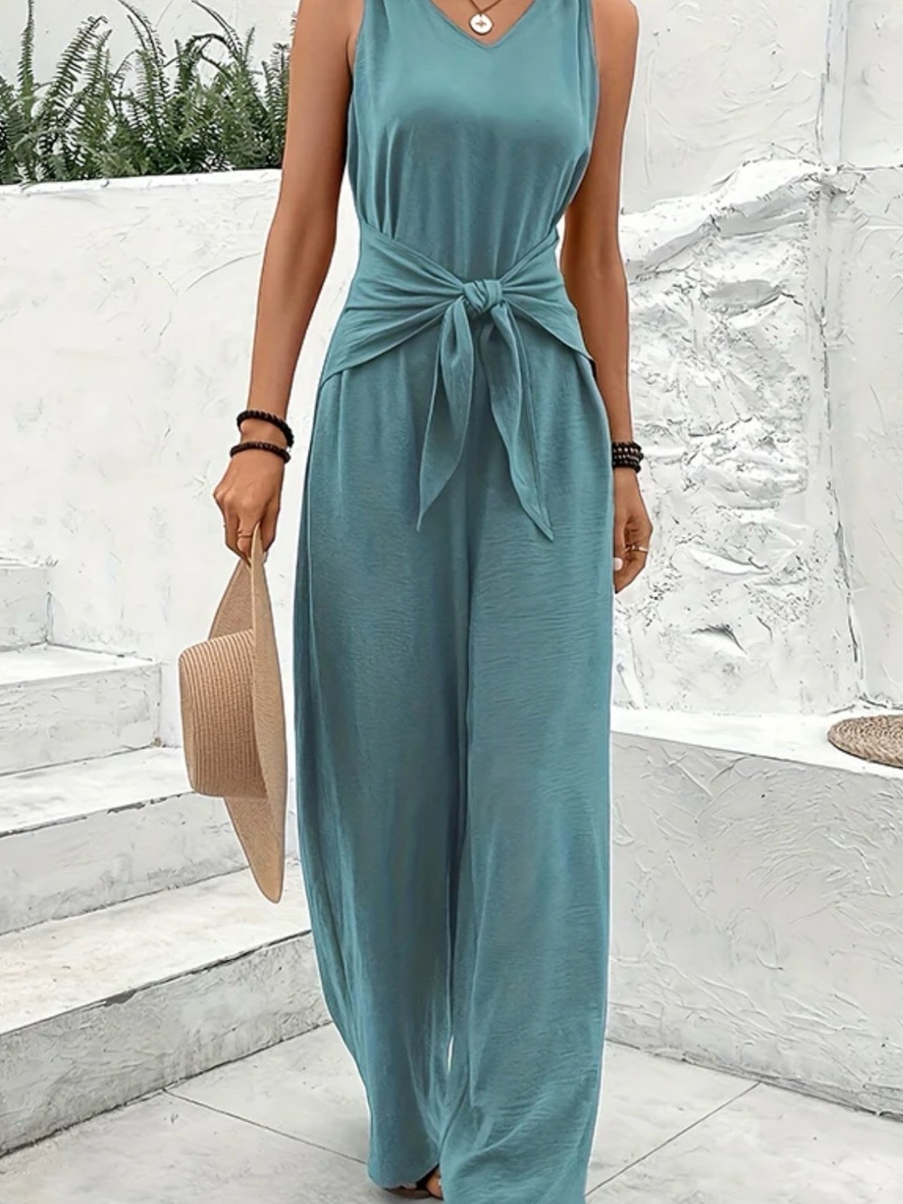 Women’s Sleeveless Tie-Waist Jumpsuit - powder blue